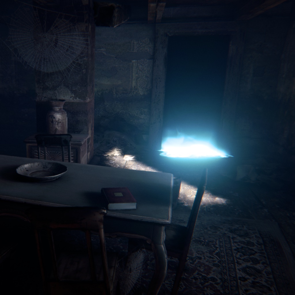 an abandoned kitchen with a blue glow revealing game magic