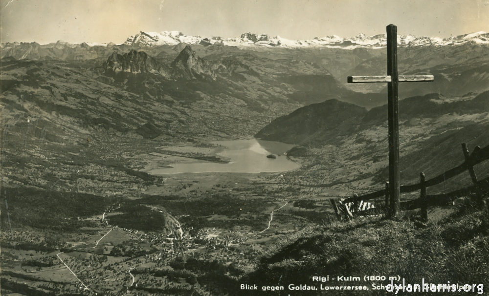 image: Postcard: Rigi - Kulm (1800m) Blick gegen Goldau, Lowerzersee, Schwyzer - u. Glarneralpen [[ Rigi Summit, 5900 ft. View fro the Summit of Rigi, looking towards the S.E. shewing Goldau, Lowerzensee and the Alps. ]]