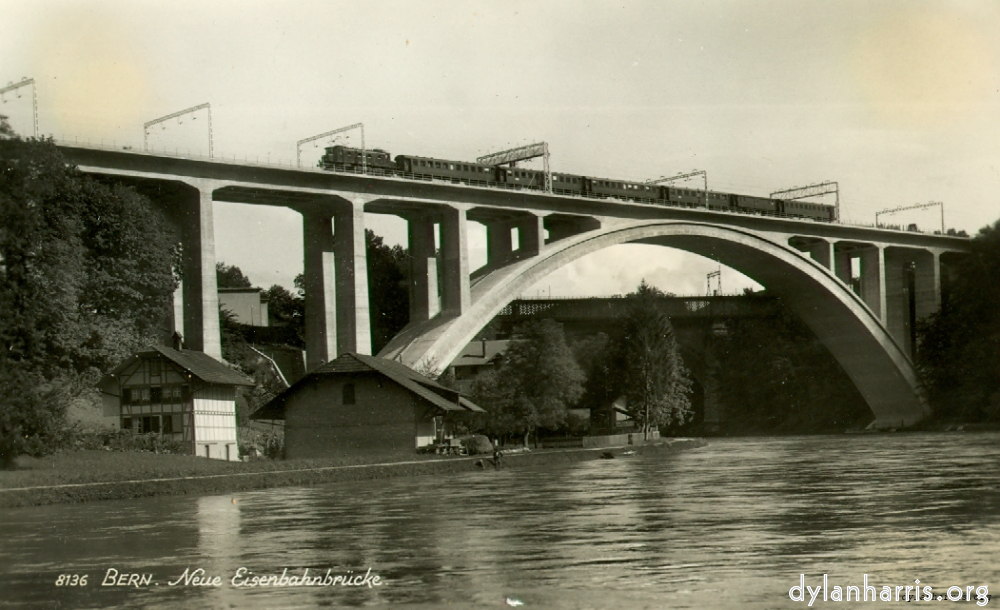 image: Postcard: 8136 Bern. Neue Eisenbahnbrücke. [[ The New Railway Bridge across the Aare at Bern. ]]