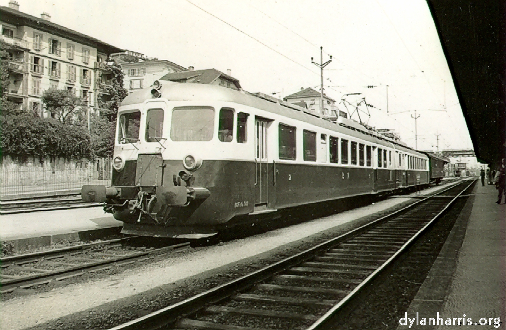 image: Twin Electric Railcar & Trailer. Bern - Neuchâtel Route. I.E.E. Party travelled in rear cattle wagon. Photography by Ray Burrows, 26 August 1948.