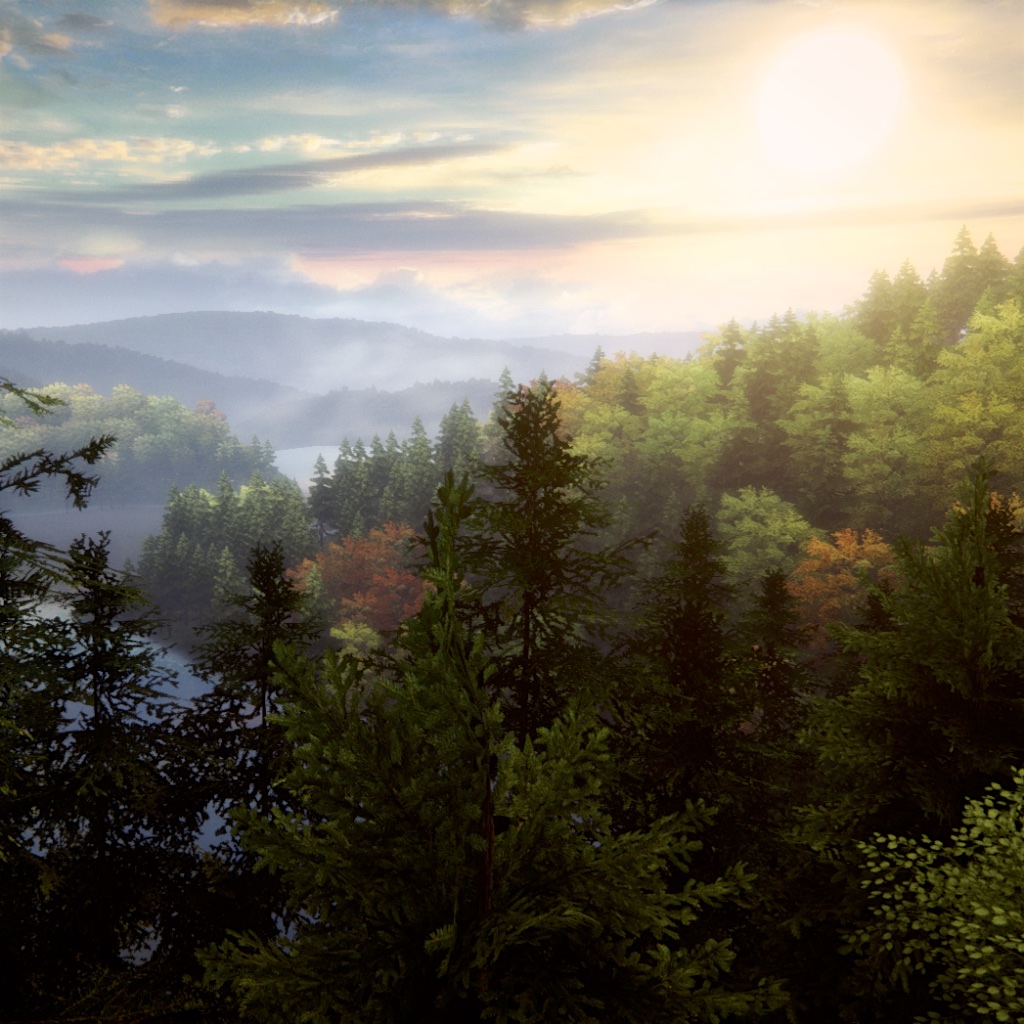 image: looking across forest and lakes into the sunset