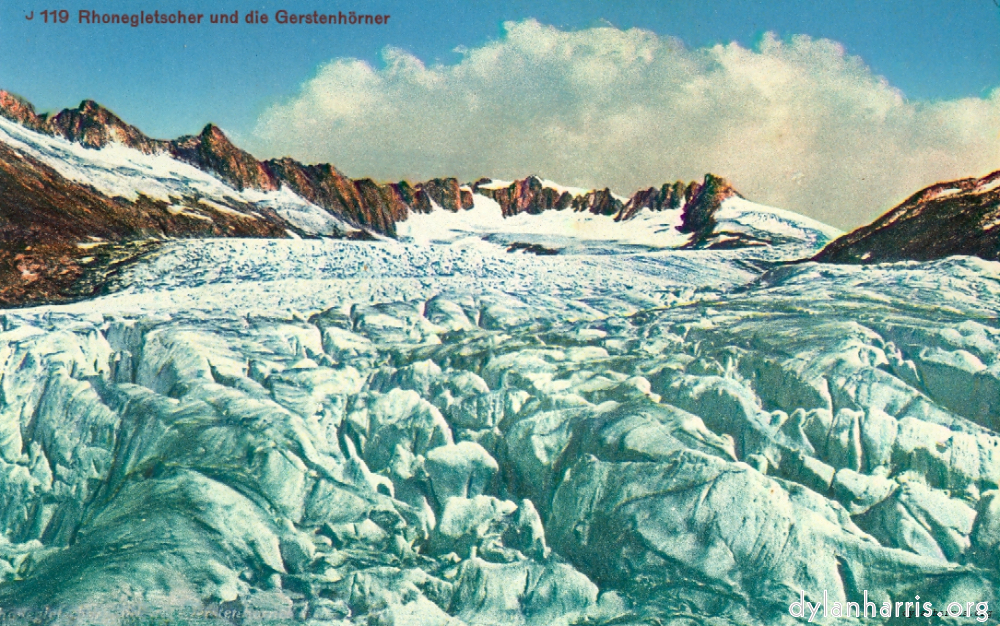 Postcard: J119 Rhonegletscher und die Gerstenhörner [[ The Rhone Glacier and Hotel Belvedere 7,540 feet. ]]