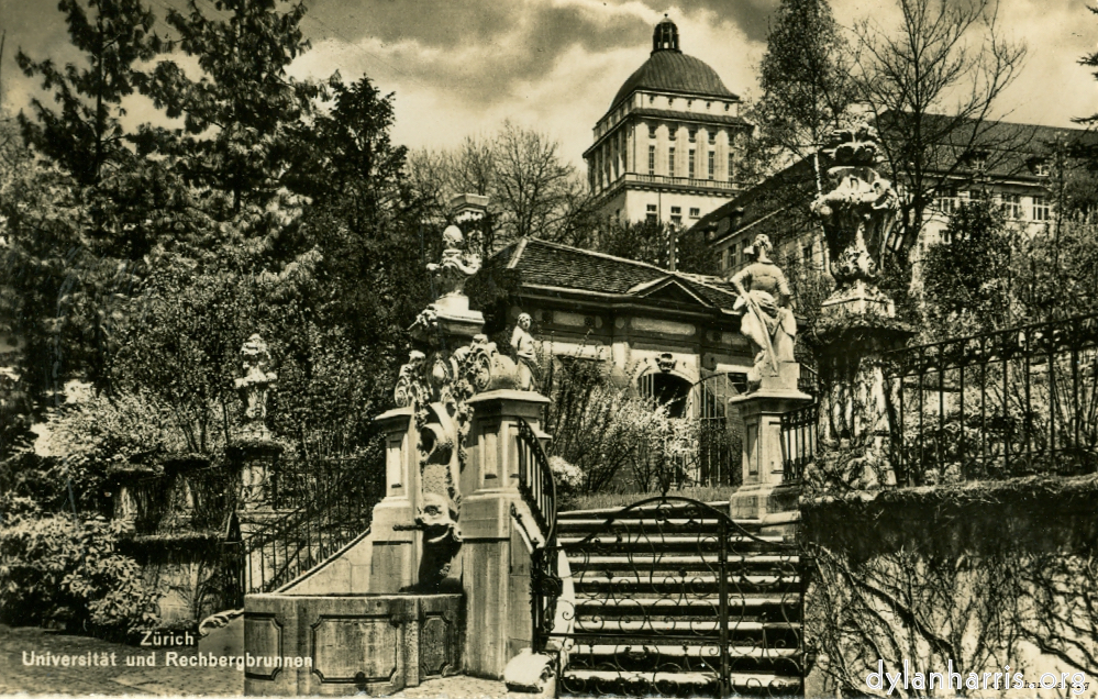 Postcard: Zürich Universität und Rechbergbrunnen [[ The University Building. ]]