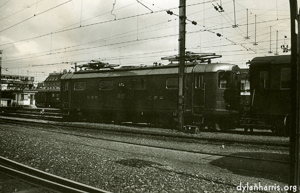 New Type Express Loco. Type Re 4/4. 15kV. Built by Oerlikon. At Zurich Station. Similar to those used on Zurich-Basle Route. Photograph by Ray Burrows. 15 August 1948.