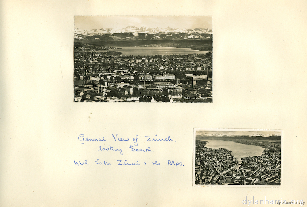 General view of Zürich looking South. With Lake Zürich & the Alps.